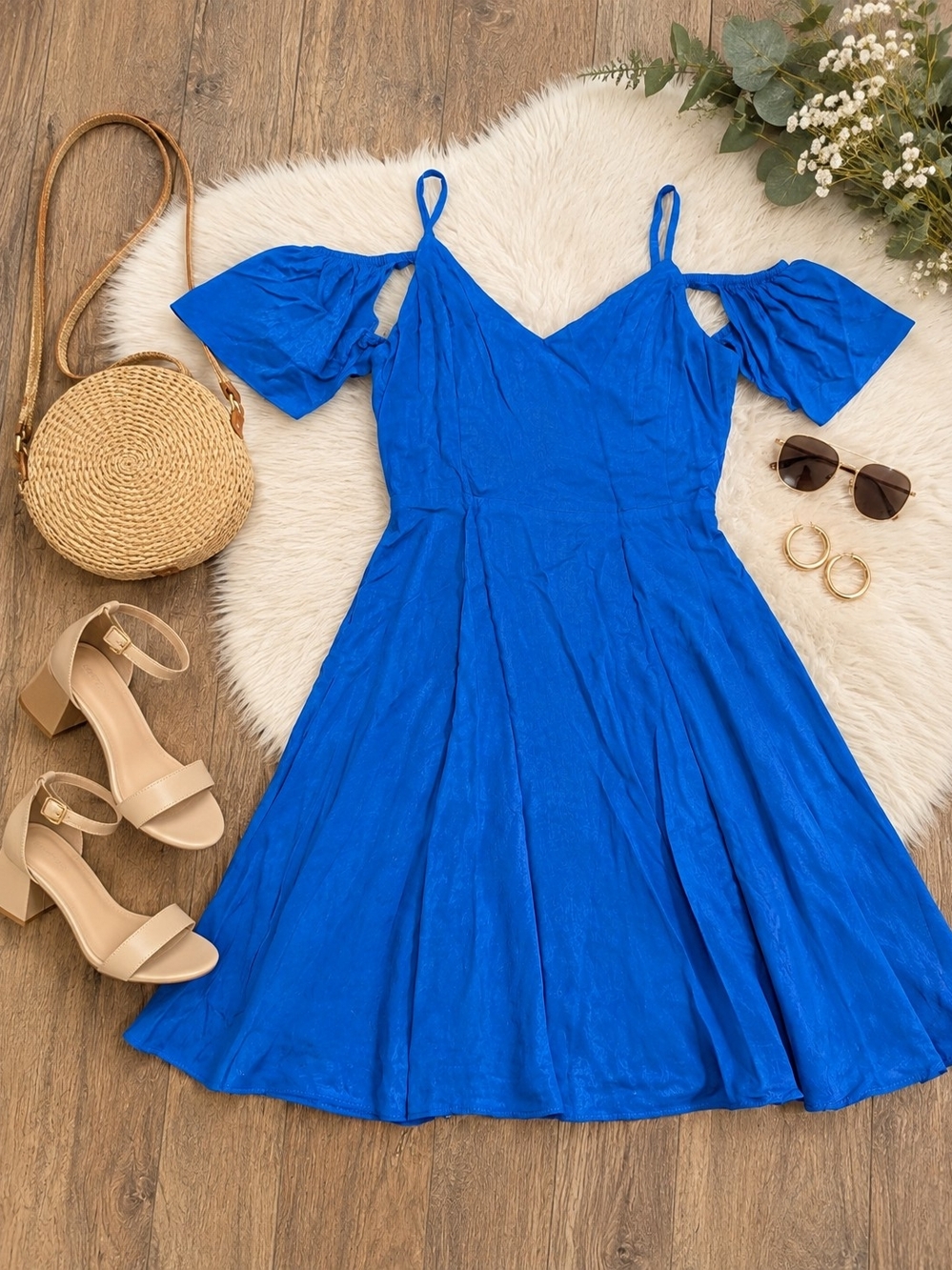 Lulu's Blue Cold-Shoulder V-Neck Fit & Flare Dress - Brand New